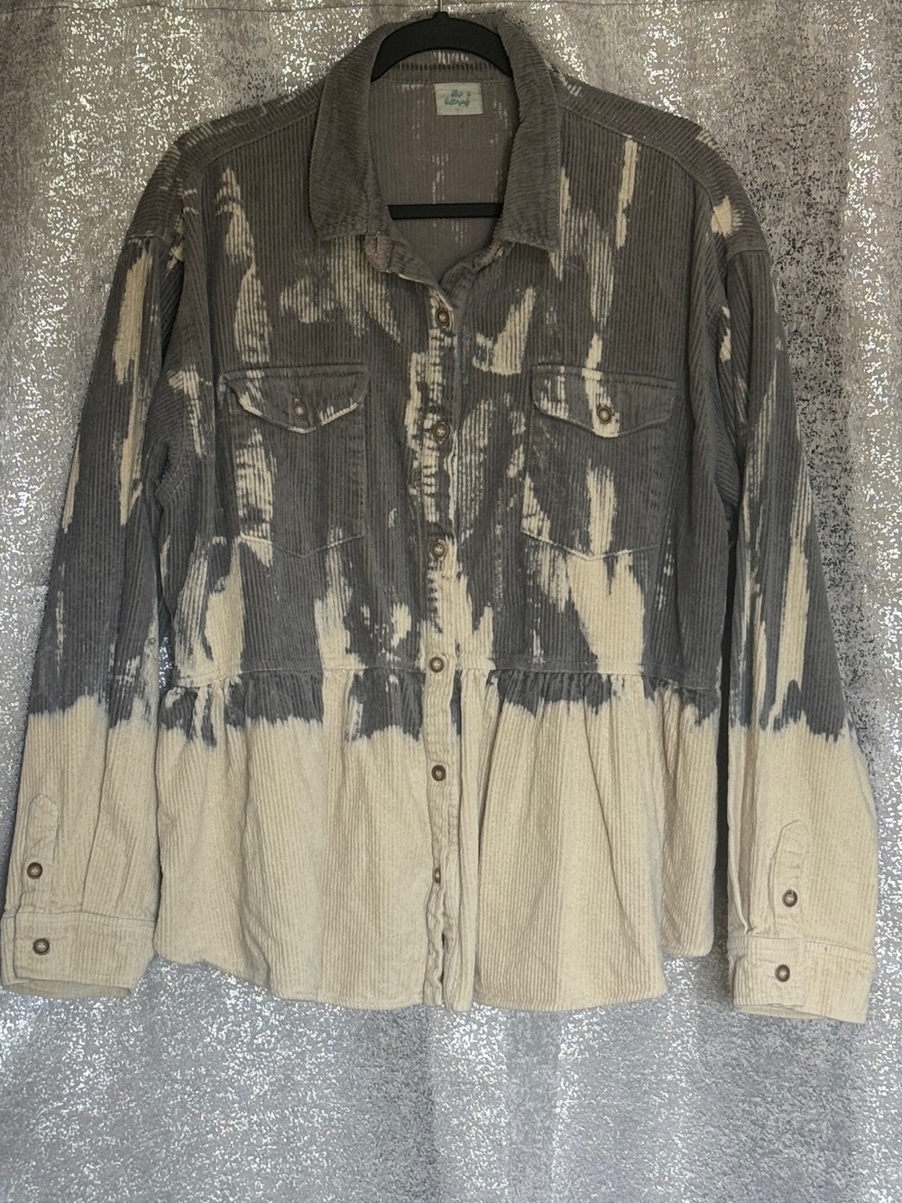 Boutique Acid-Washed Corduroy Dip-Dye Shacket Gray&Cream Peplum Ruffle Oversized